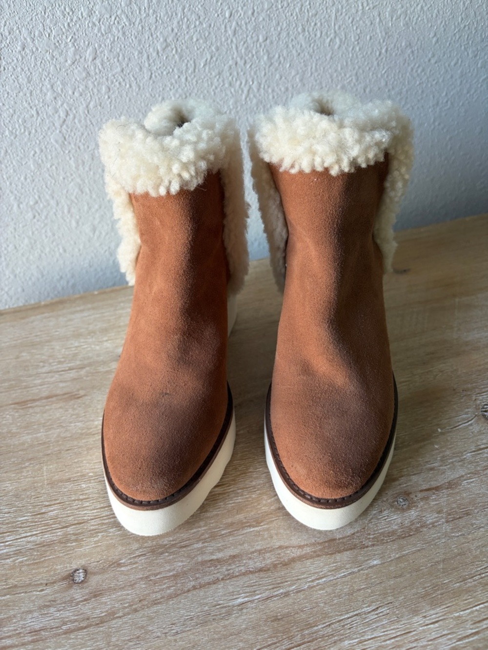 COACH Kingston Tan Suede Wedge Boot with Shearling Trim - Picture 2 of 13